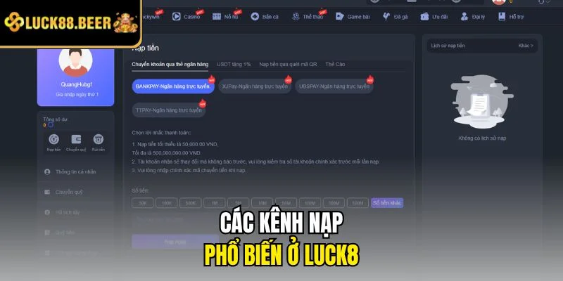 Các kênh nạp phổ biến ở LUCK8